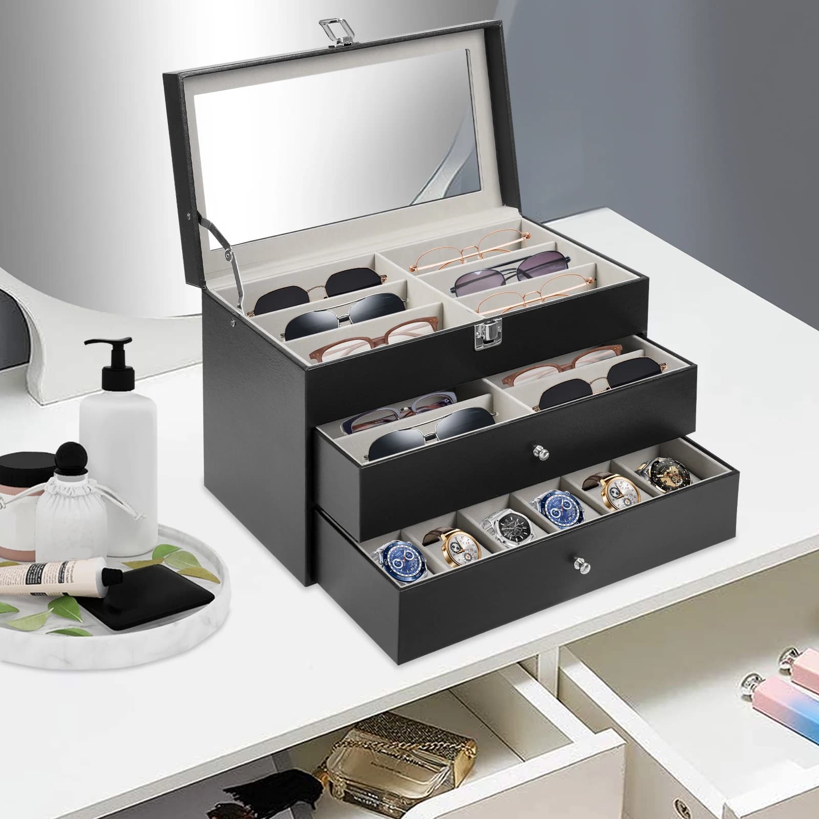 Watch case and glasses with compartments designed by 24 wells, decorative display with glass cover for glasses, watches, jewelry