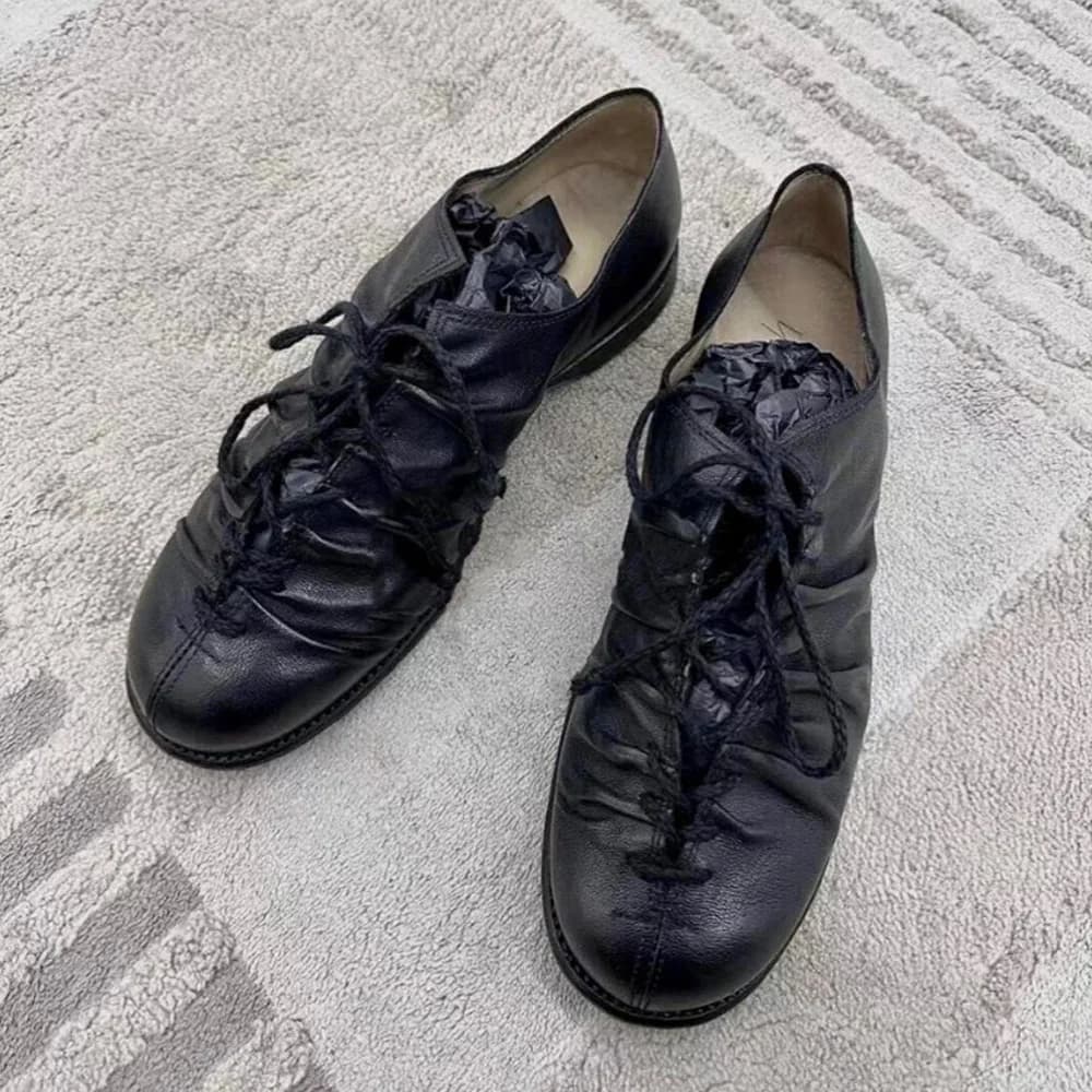 Fashion Men's Black Cross Strap Pleated Genuine Leather Loafers Soft Sole Casual Derby Shoes Moccasin Retro Single Shoes Women