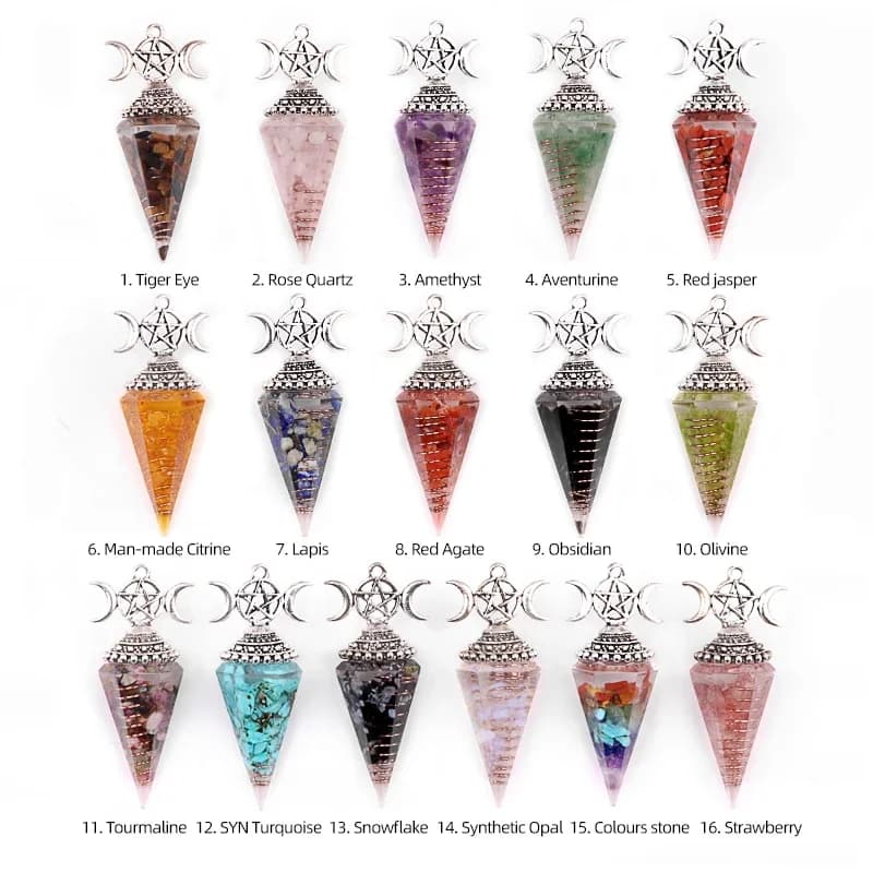 Pendolo lunare in pietra a punta esagonale per divinazione Dowsing Chip in resina Pietra preziosa Reiki Guarigione Chakra Ciondolo Wiccan Stregoneria