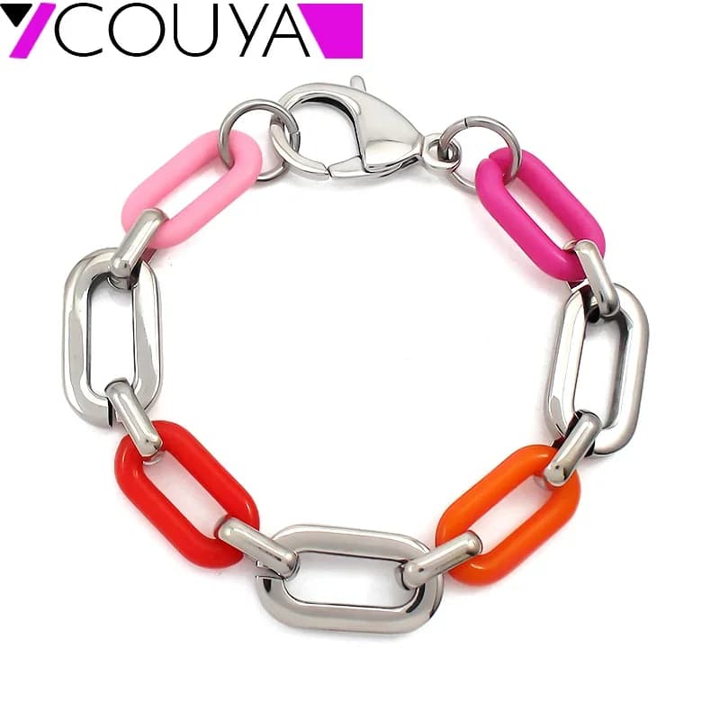 Bracciale in acciaio inossidabile di moda Bracciale in acrilico argento Catena di gioielli Catena a maglie Braccialetti di colore fai da te per le donne pulsaras mujer
