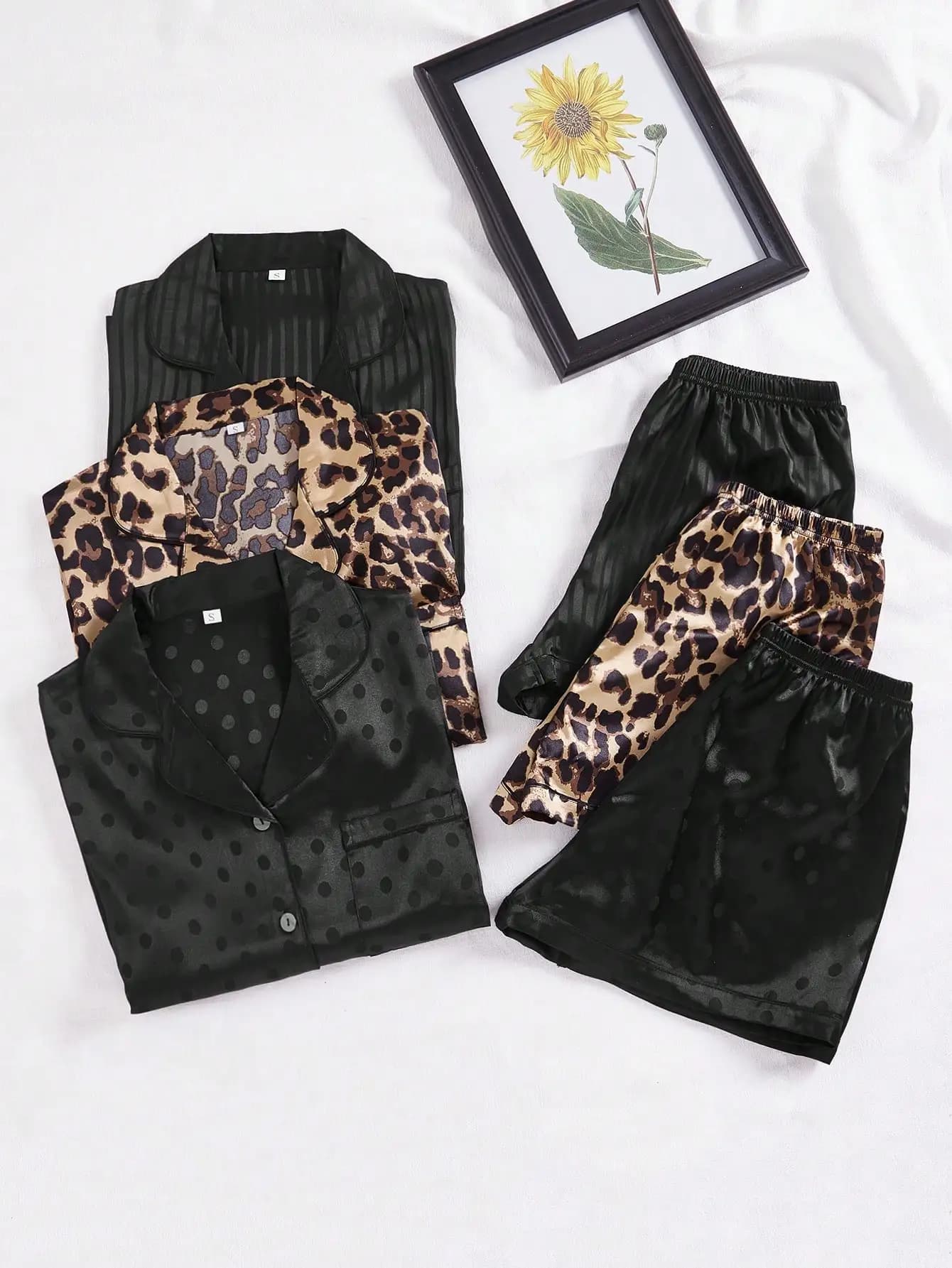 Set pigiama in raso da 3 pezzi con colletto e tasche, abbigliamento da notte per le vacanze