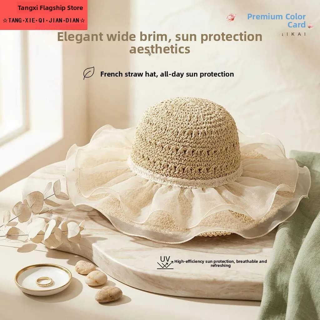Summer New Large Brim Straw Hat Foldable Hollow out Design UV Protection Knot Sunscreen Basin Cap Fashionable Beach...