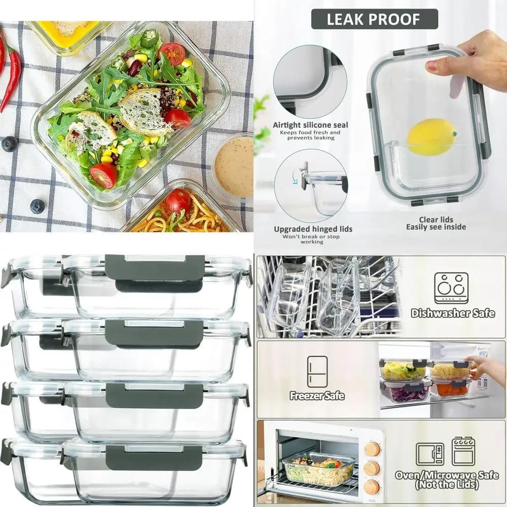 Set da 8, contenitori per la preparazione dei pasti in vetro da 30 once con coperchi ermetici: aptos per microonde, forno, congelatore e lavastoviglie