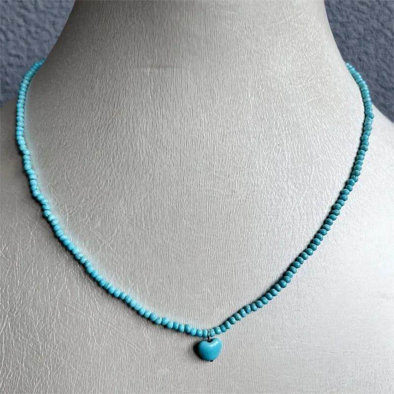 2MM turquoise necklace heart shaped pendant with natural stone round beads love gift for women fashion gift Glamour small dance jewelry