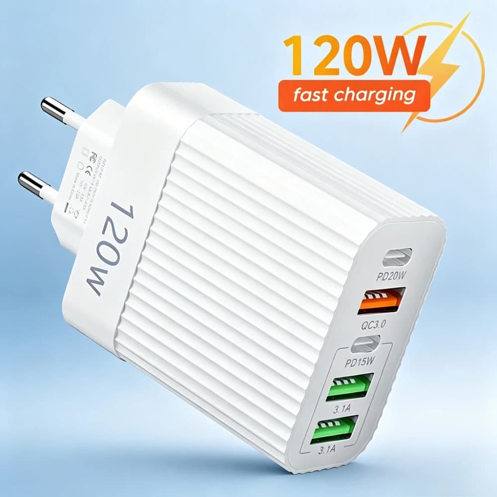 Adattatore USB Type C 5 in 1 da 120W con ricarica rapida USB PD per iPhone 17, Xiaomi, Samsung, caricatore da parete rapido da viaggio per cellulari