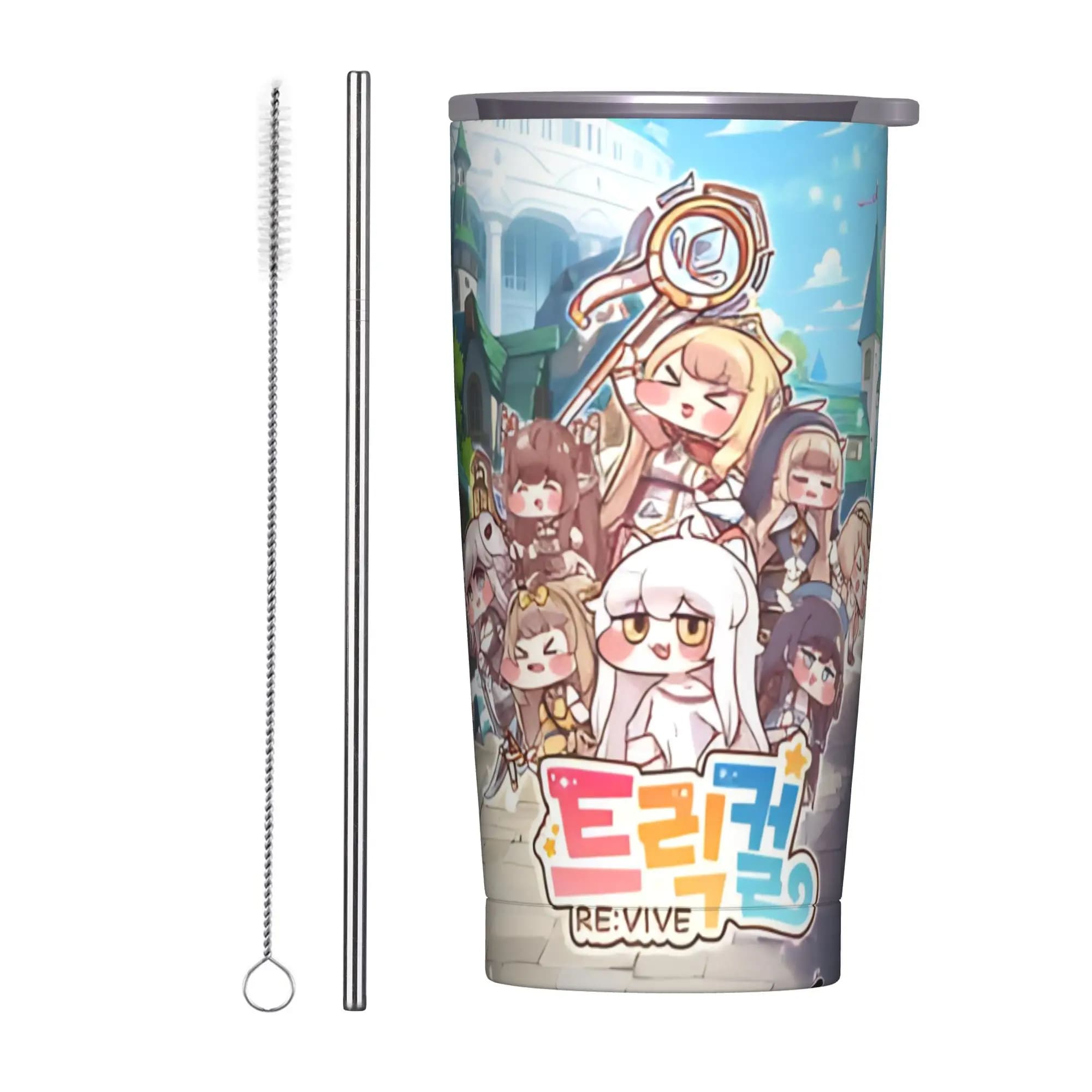Tazza Termica Trickcal C-Chibi Go Games con Coperchio e Cannuccia, Bicchiere a Doppia Parete Antigoccia da 20oz