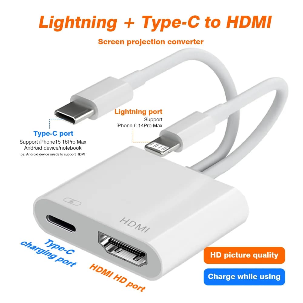 Adattatore da Lightning a HDMI HD 4K a 60 Hz da tipo C a HDMI 4 in 1 Stesso hub schermo per iPhone 16 15 14Pro Max MacBook Samsung per monitorare
