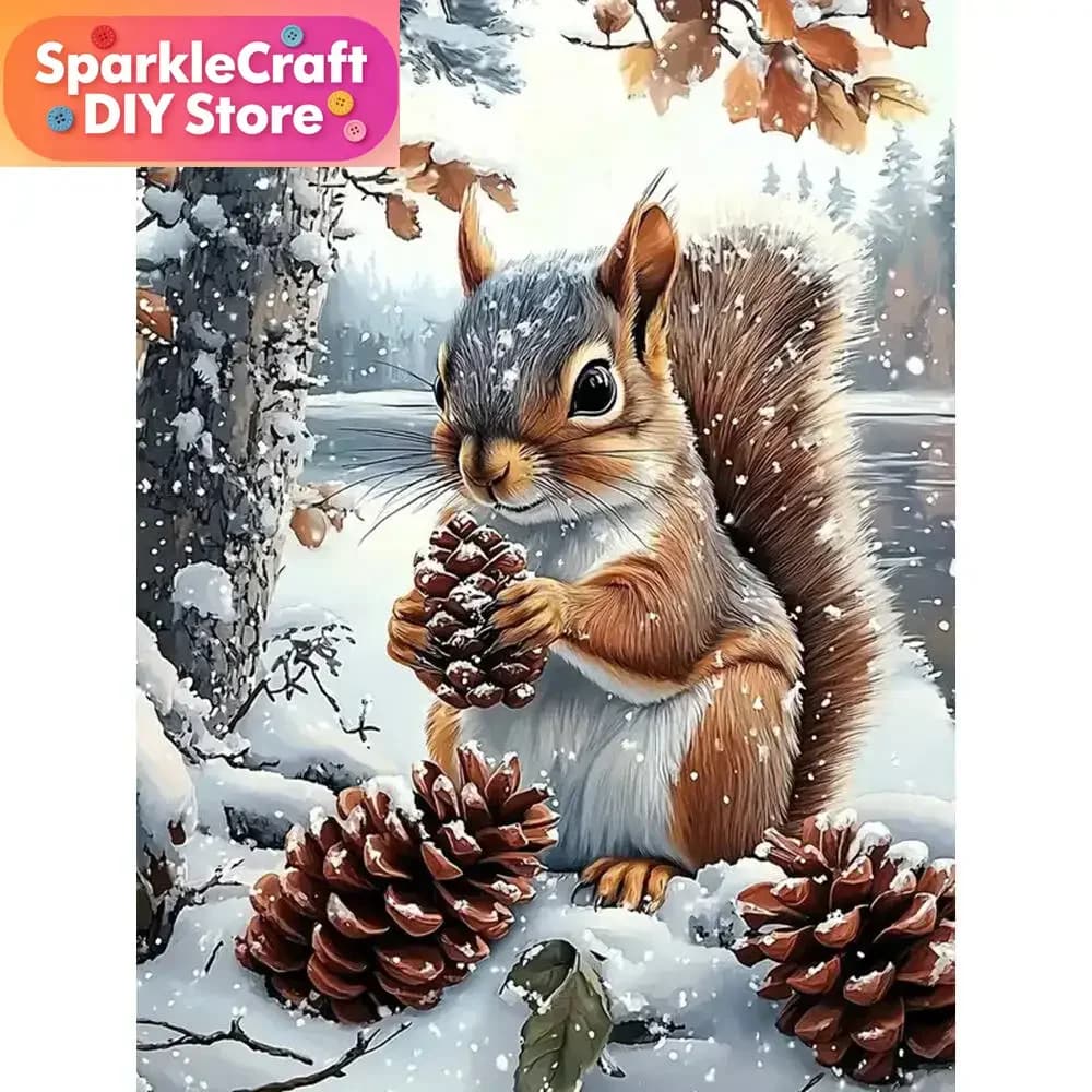 1 Pezzo Quadro Senza Cornice con Diamanti Quadrati e Rotondi, Pittura Diamantata Fai da Te con Strass, Mosaico di Diamanti, Tema Scoiattolo Animale Invernale, Hobby per Bambini