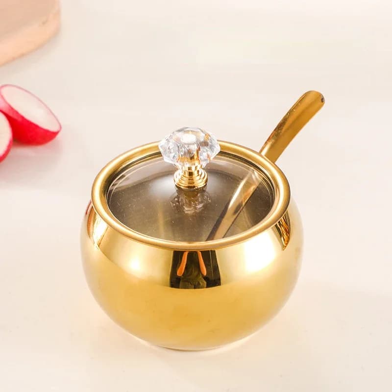 Thickened Golden Stainless Steel Seasoning Jars with Spoons and Visible Glass Lids, Multi-flavor Set for Home Kitchen Use
