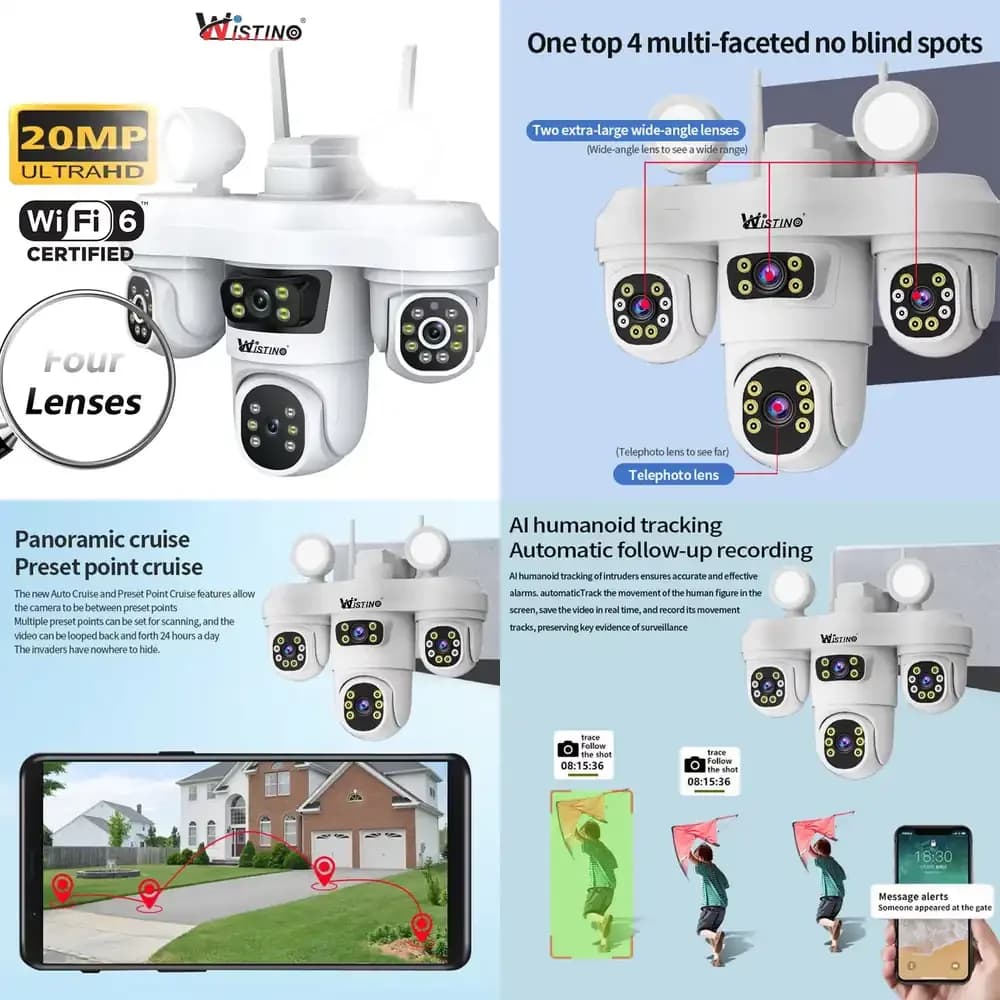 Telecamera IP WiFi a 4 Lenti e 4 Schermi per Sicurezza Esterna con Rilevamento Movimento Umano, Allarme e Illuminazione 4W per Fattoria