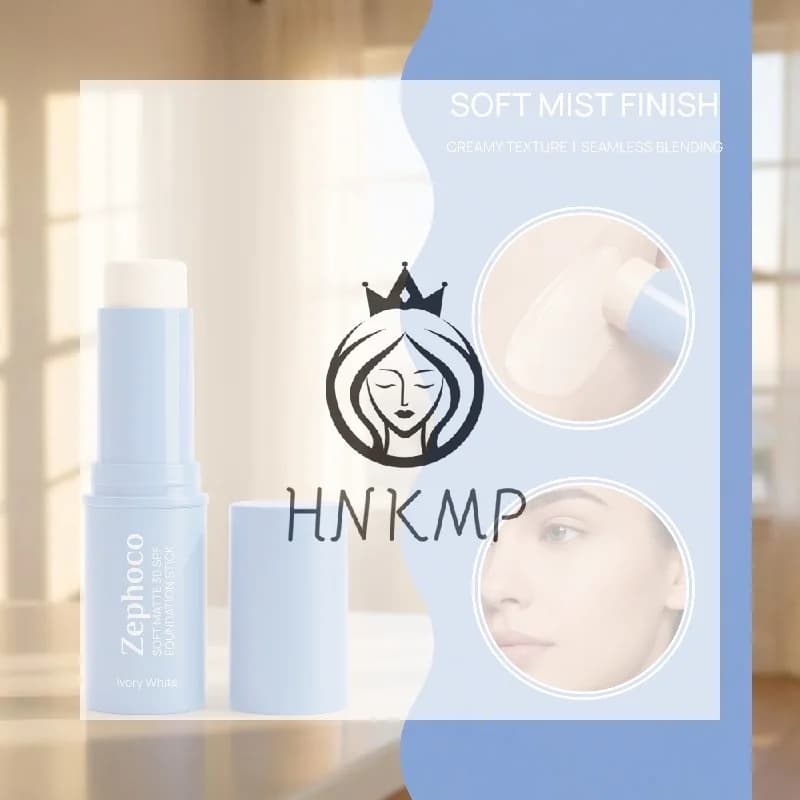 Fondotinta stick idratante due in uno bianco avorio, effetto soft matte, leggero, facile da usare per un trucco naturale da giorno.