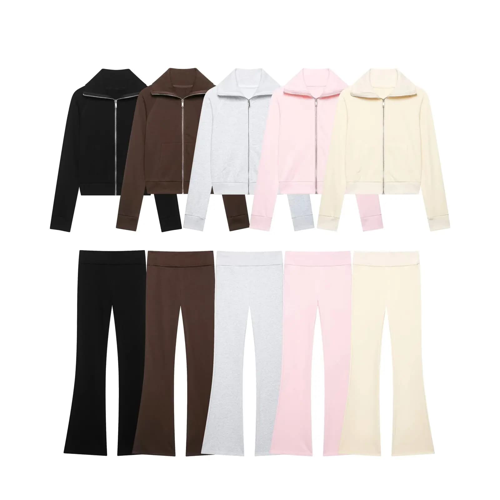 2026 New Autumn Women's Chic Zipper Sport Short Jacket Coats Female Lady Slim High Waist Flared Pants 2 Pcs Sets Trousers Suits