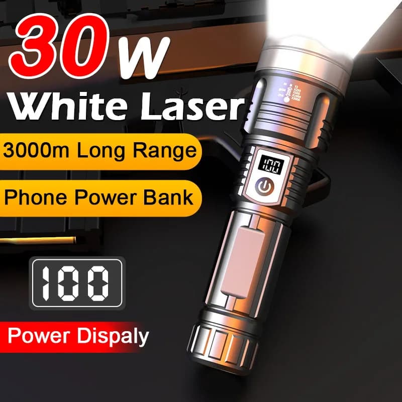 Torce a LED ad alta potenza 30w Zoom 3000m Luce tattica Faretti di emergenza Torcia telescopica con batteria incorporata