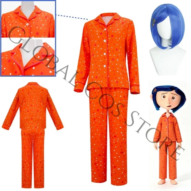 Coraline Cosplay Pajamas Costume Orange Full Suit Tops and Pant for Halloween Movie Roleplay Performance Pajamas Dreeup Party