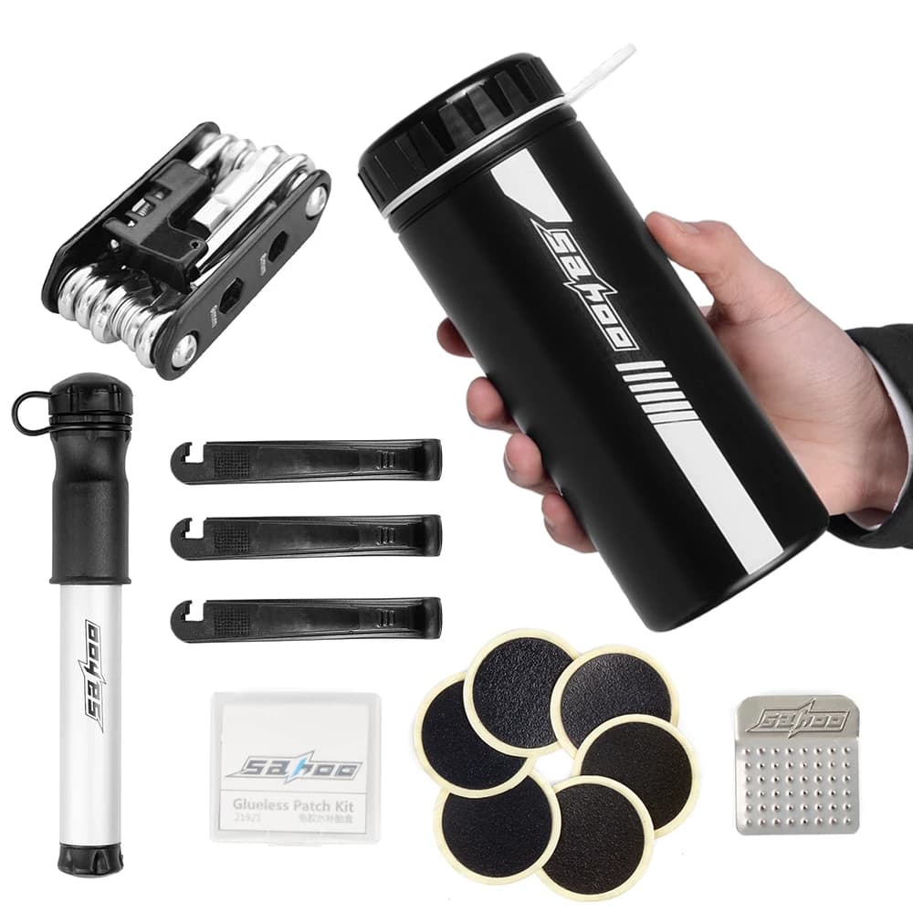 Kit di strumenti per la riparazione della bici Set di riparazione della bicicletta con Mini pompa 14 in1 Kit di attrezzi multifunzione custodia per bottiglia di stoccaggio per attrezzi da bici da 750ml