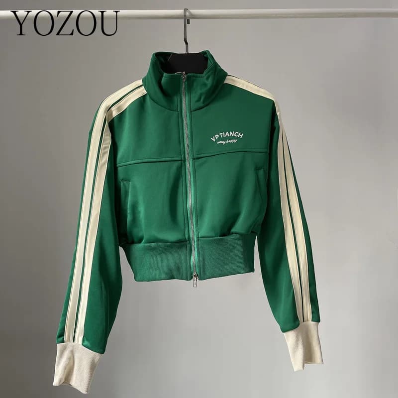 [YOZOU] Giacca corta da baseball con doppia cerniera primaverile Capispalla da donna Cappotto con zip verde nero bianco blu a righe ricamate
