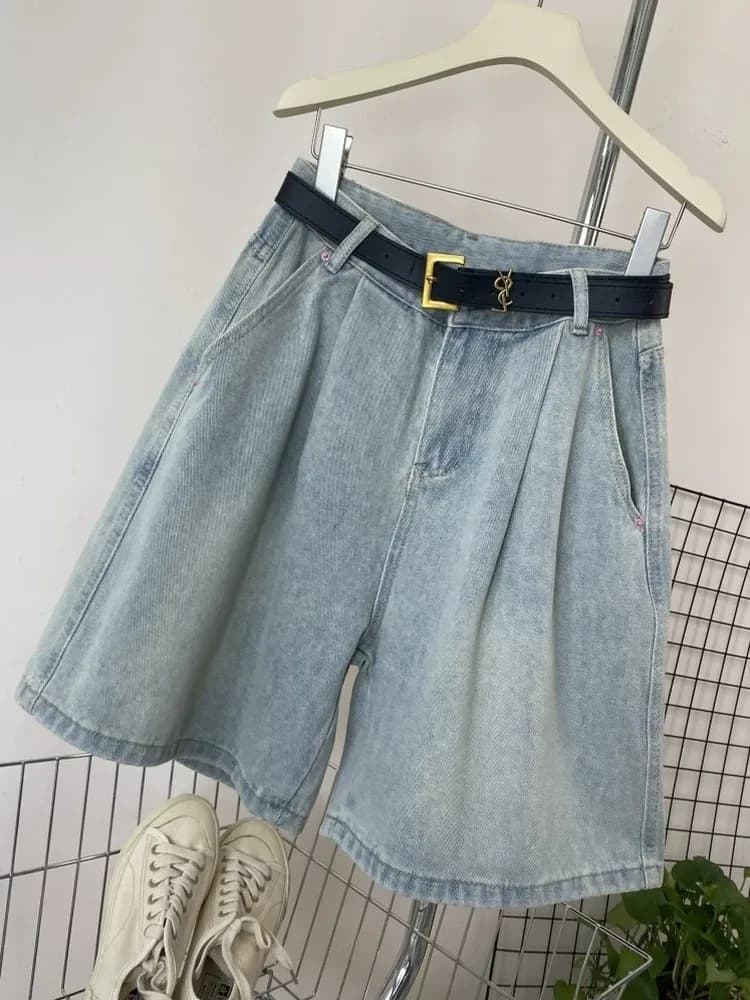 High Waist A-Line Denim Shorts Women Summer Thin Wide Leg Pants Loose Fit Light Blue Casual Jeans High Waist Short Skirts