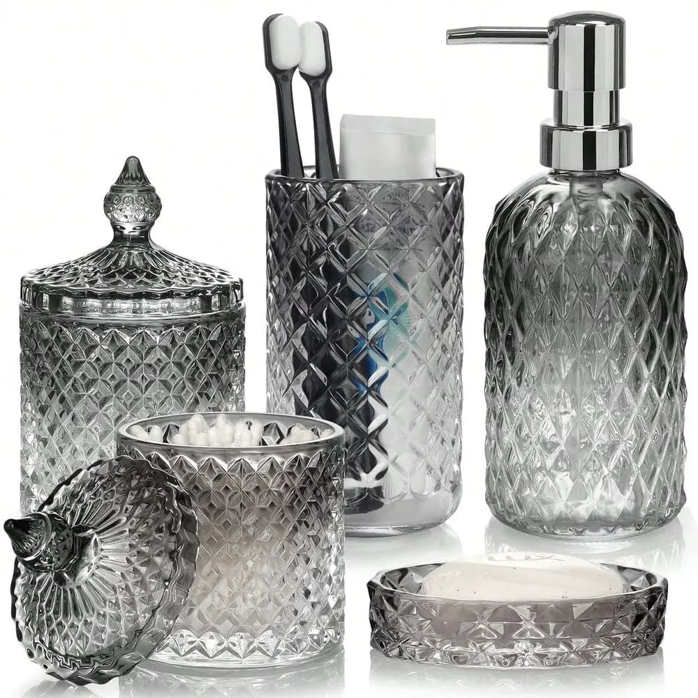 Set di Accessori per il Bagno Include Dispenser per Sapone e Lozione in Vetro Nero Sfumato con Portasapone Abbinato, Portaspazzolino, Bicchiere.