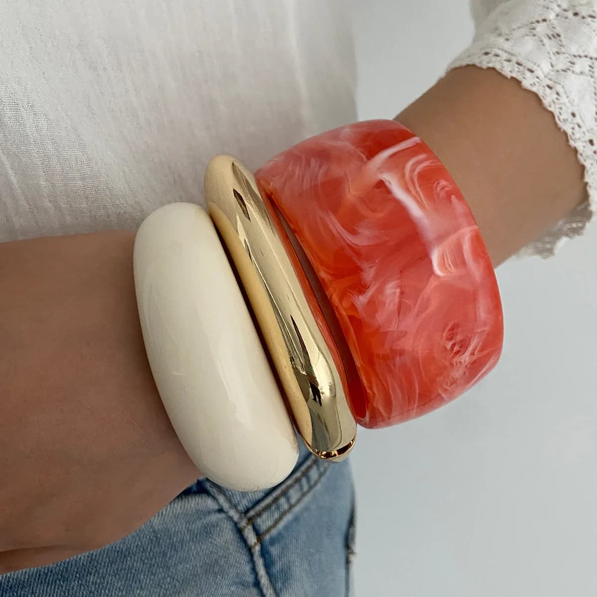 Salircon 3 Stili Punk Grande Geometrica Resina Acrilica Bracciale Ampio Braccialetti Donna Vintage Quadrato Color Oro Braccialetti in Metallo Gioielli