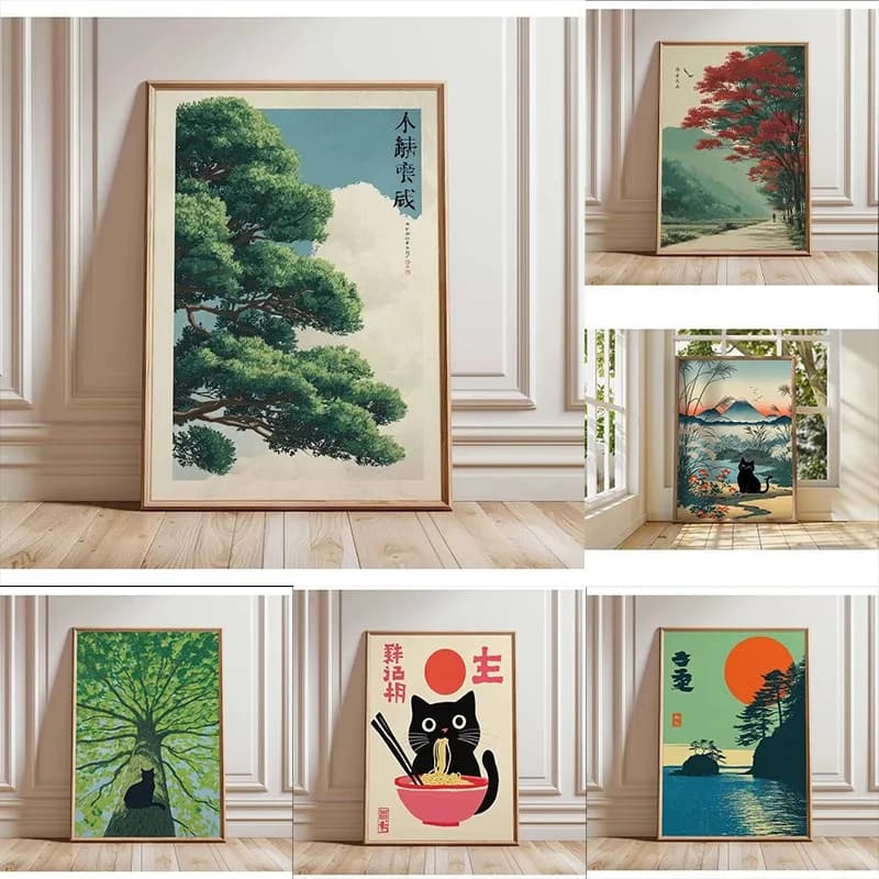 Retro Japanese Forest & Koi Fish Zen Water Painting Canvas Poster Abstract Sun Waves Wall Art Printing for Peaceful Home Deco