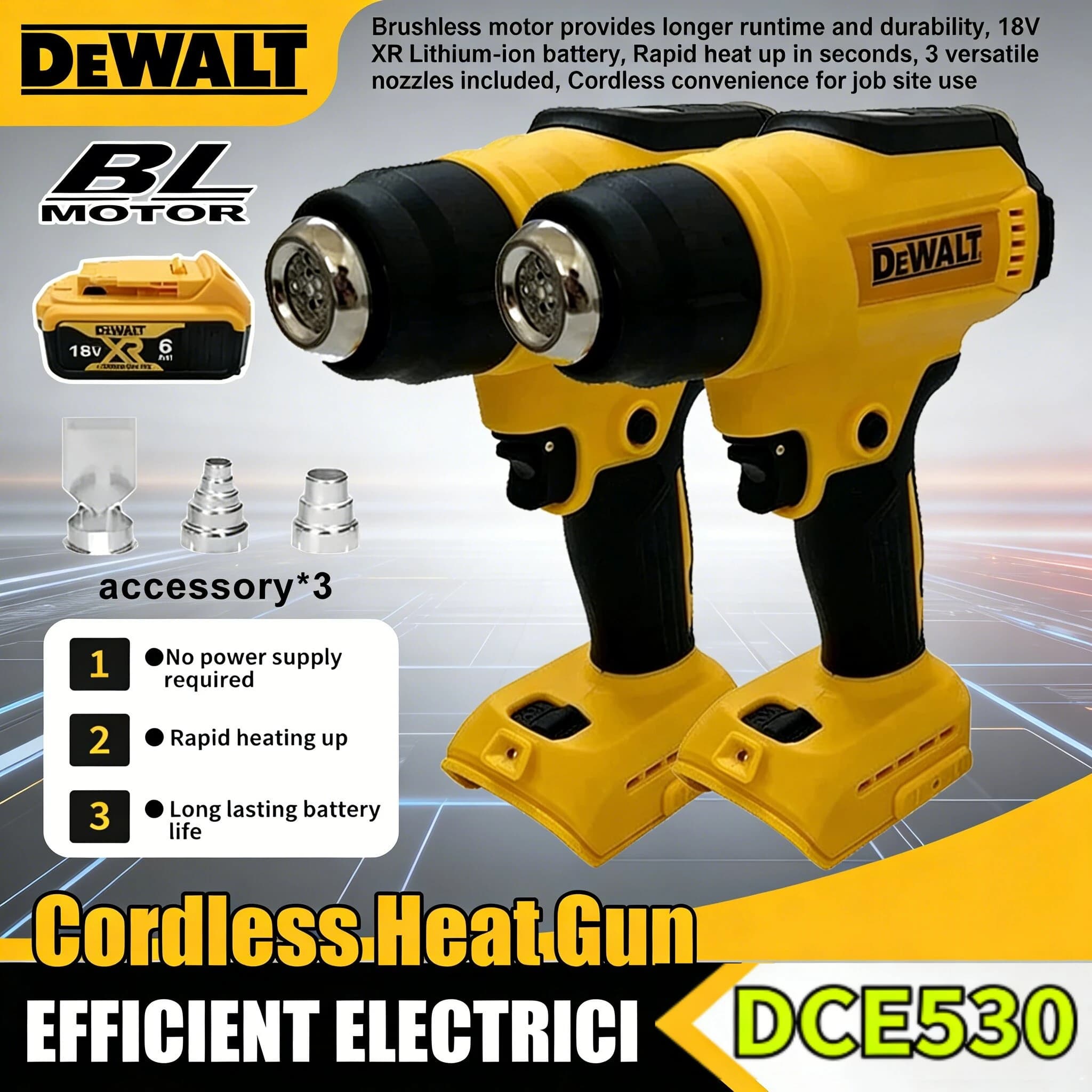 DEWALT DCE530 Pistola Termica Senza Fili 300W, Soffiatore Termico ad Alta Potenza per Saldatura e Termoretrazione, Compatibile con Batteria 18V