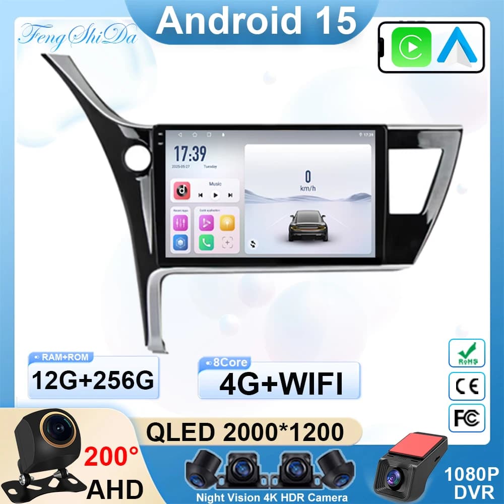 Autoradio Android 15 per Toyota Auris 2013-2016 con CPU ad alte prestazioni, Navigazione GPS, Lettore Multimediale 5G WiFi e DVD