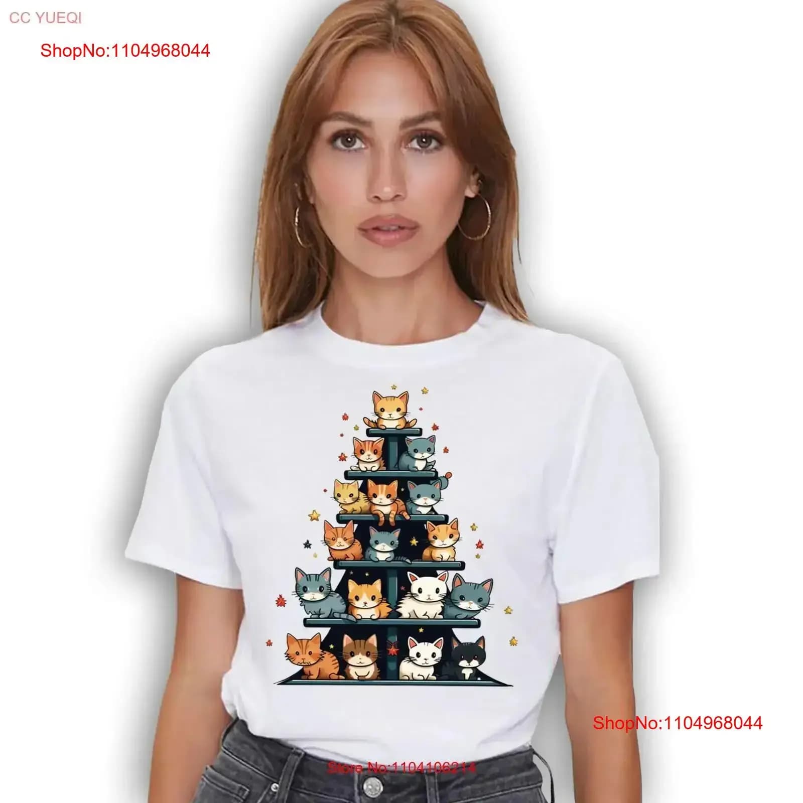 Divertente maglietta natalizia con gatto e albero di Natale, vintage, con grafica effetto lavato, morbida, di design, traspirante, alla moda, casual