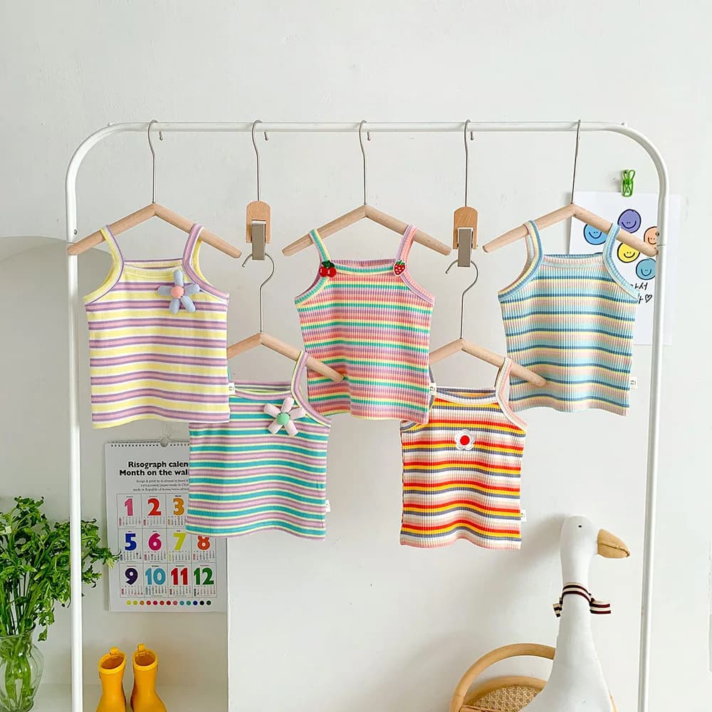 Infant Vest Bellbell Summer Kids Babys Girls Sleeveless Tops Rainbow Striped Thin 1-4Yrs Girls Sling Tees Little Girls Tank Tops