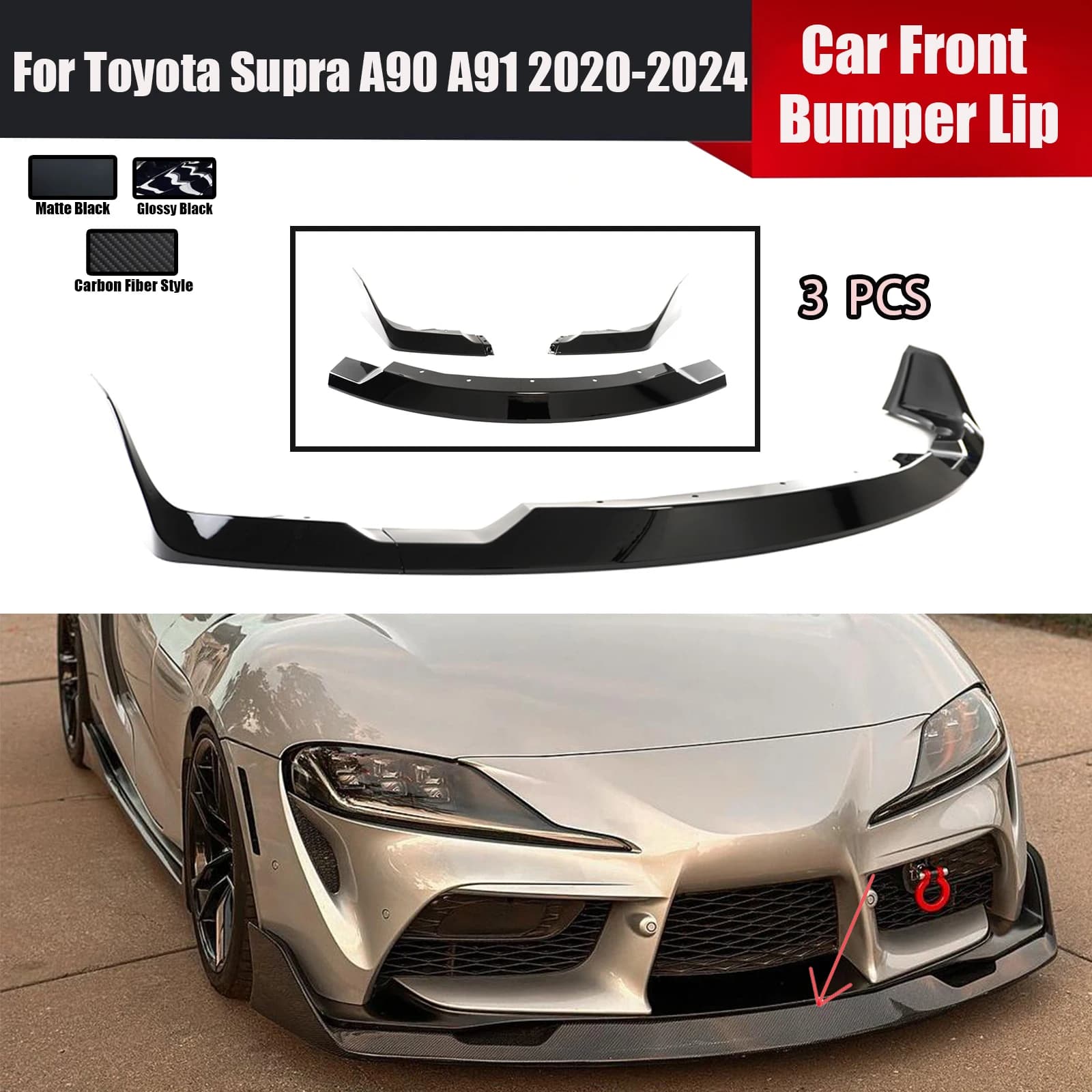 For Toyota Supra A90 A91 2020-2024 Auto Bumpers Front Lip Spoiler Diffuser Splitter Black Polished Carbon Fiber Style Body Kit