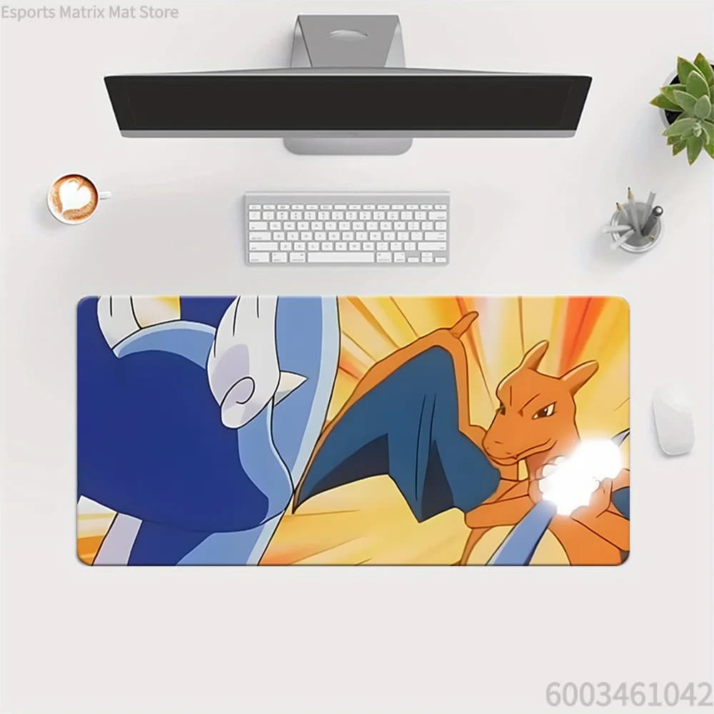 Tappetino per mouse da gioco esteso con scena di battaglia di Pokemon Charizard vs Lugia, grande tappetino da scrivania
