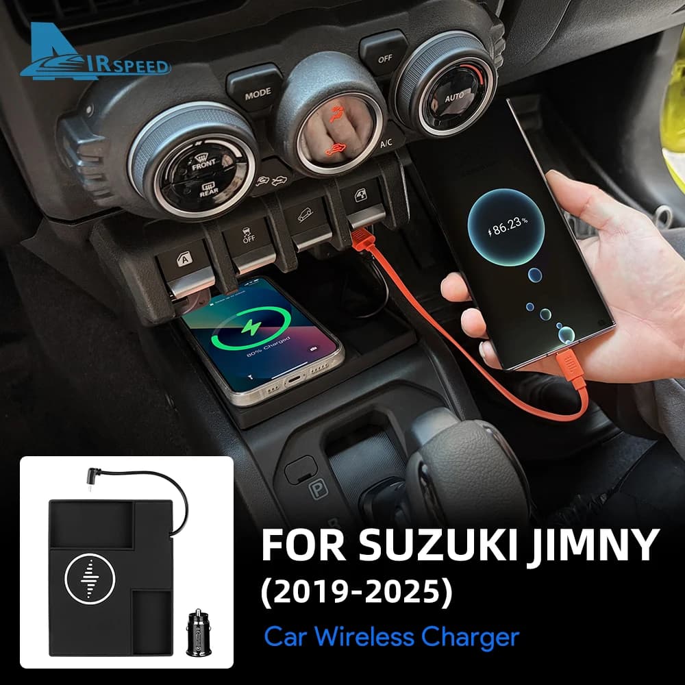 Supporto per telefono con caricabatterie wireless per Suzuki Jimny 2019-2025, guida a sinistra (LHD), in silicone, ricarica rapida Qi, accessorio nero