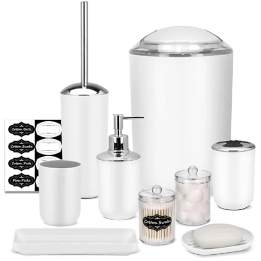 Set di Accessori per il Bagno, Set da Bagno, Set di 9 Pezzi, Vassoio, Porta Q-tip, Spazzola per WC, Cestino per il Bagno