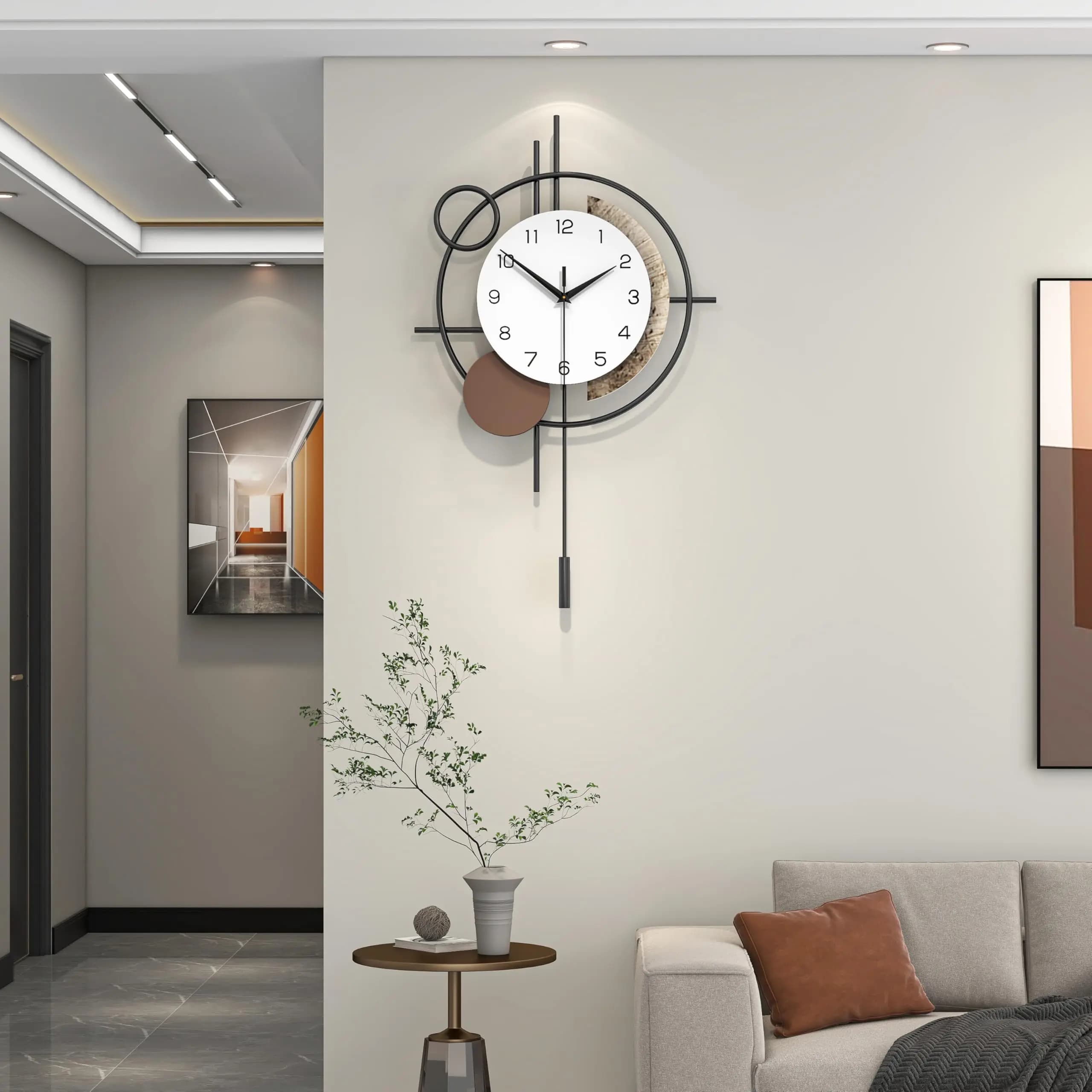 Orologio da parete geometrico moderno con pendolo, silenzioso, al quarzo, a batteria, in metallo nero, grande, decorativo, per soggiorno