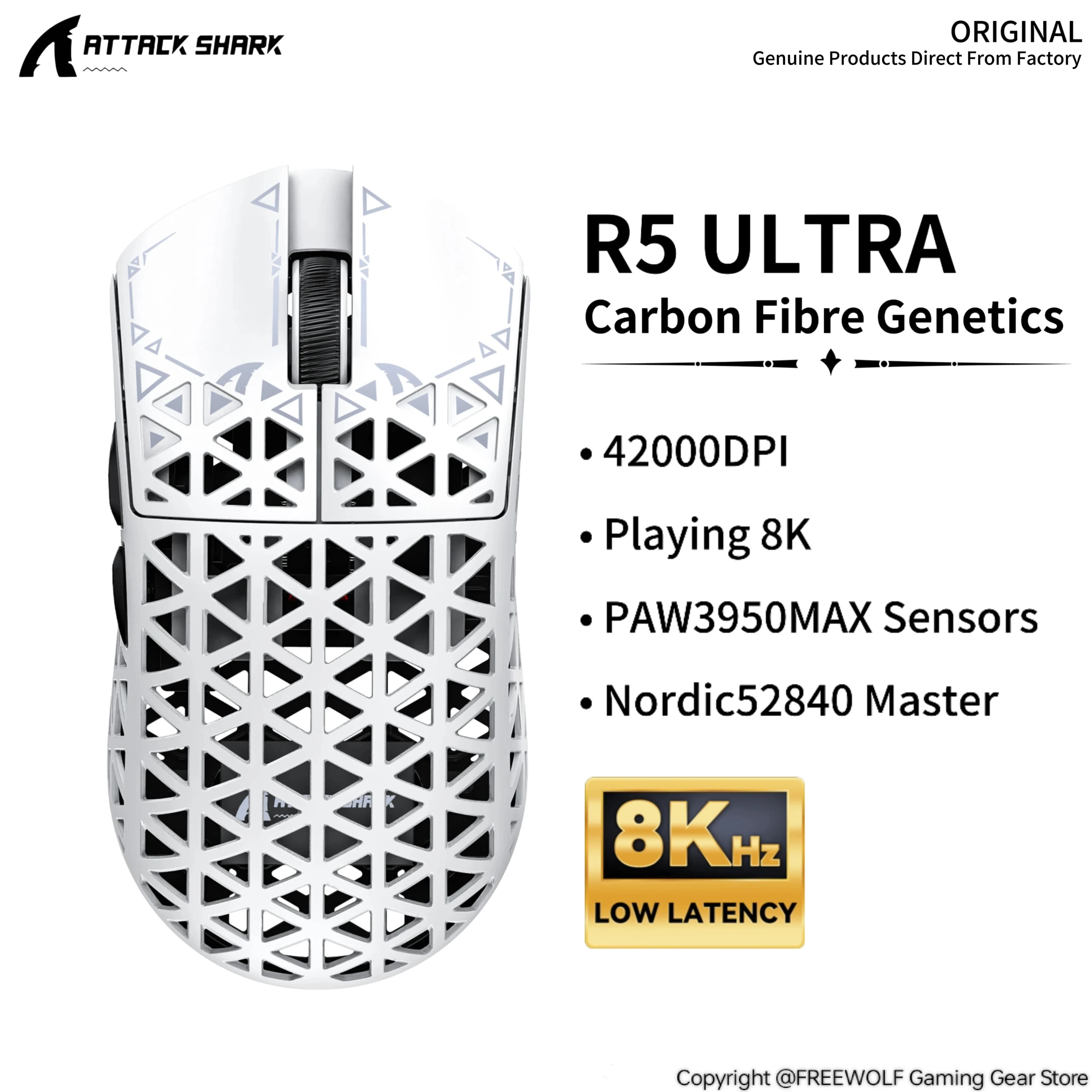 Mouse da Gaming ATTACK SHARK R5 Ultra e Ricevitore Mini 8K, Composito in Fibra di Carbonio Ecologico, Sensore PAW3950Max, 42000DPI, 230mAh