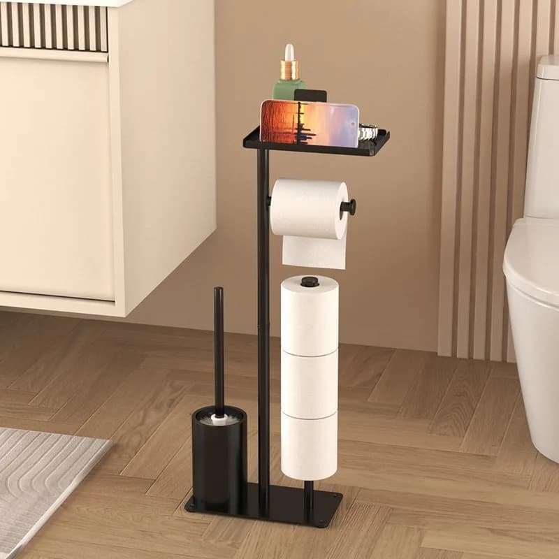 Portarotolo da Bagno Autoportante, Organizzatore per Rotoli di Carta Igienica con Scopino, Scaffale Salvaspazio per Bagno