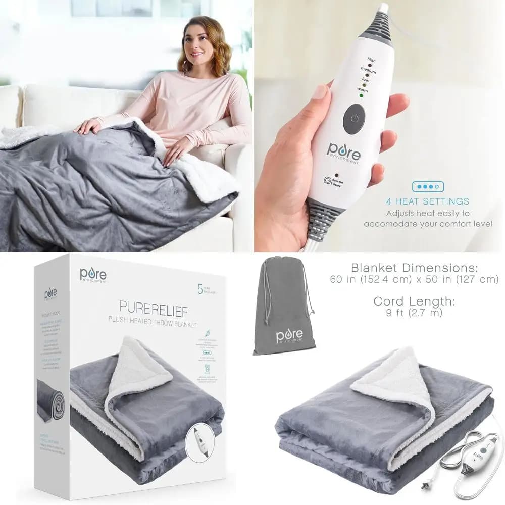 Coperta riscaldata Sherpa micromink morbida 50x60, InstaHeat a 4 impostazioni, lavabile in lavatrice con borsa - Comoda coperta per divano o letto