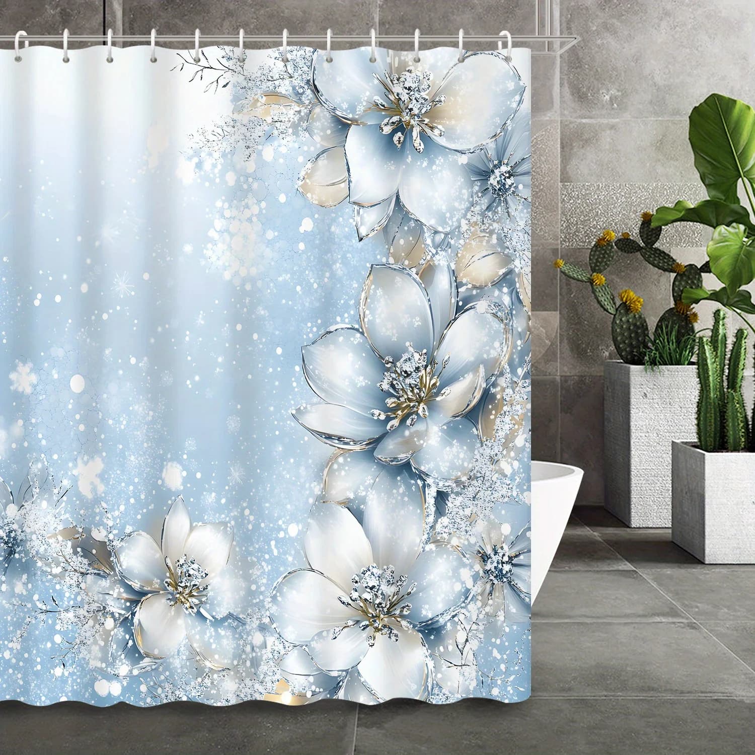 Tenda da doccia floreale blu alla moda aperta da 1 pezzo, include 12 ganci per l'arredamento del bagno, accessorio per il bagno, decorazione della casa