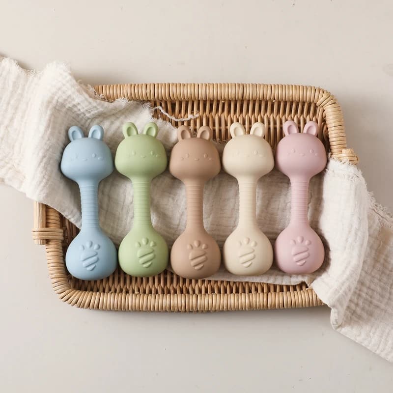 Sonaglio in silicone Denti Giocattolo 0-12 Mesi Dentizione del bambino Giocattoli da masticare Cartoon Coniglio Tocco Suono Dentizione sensoriale Regali per i neonati