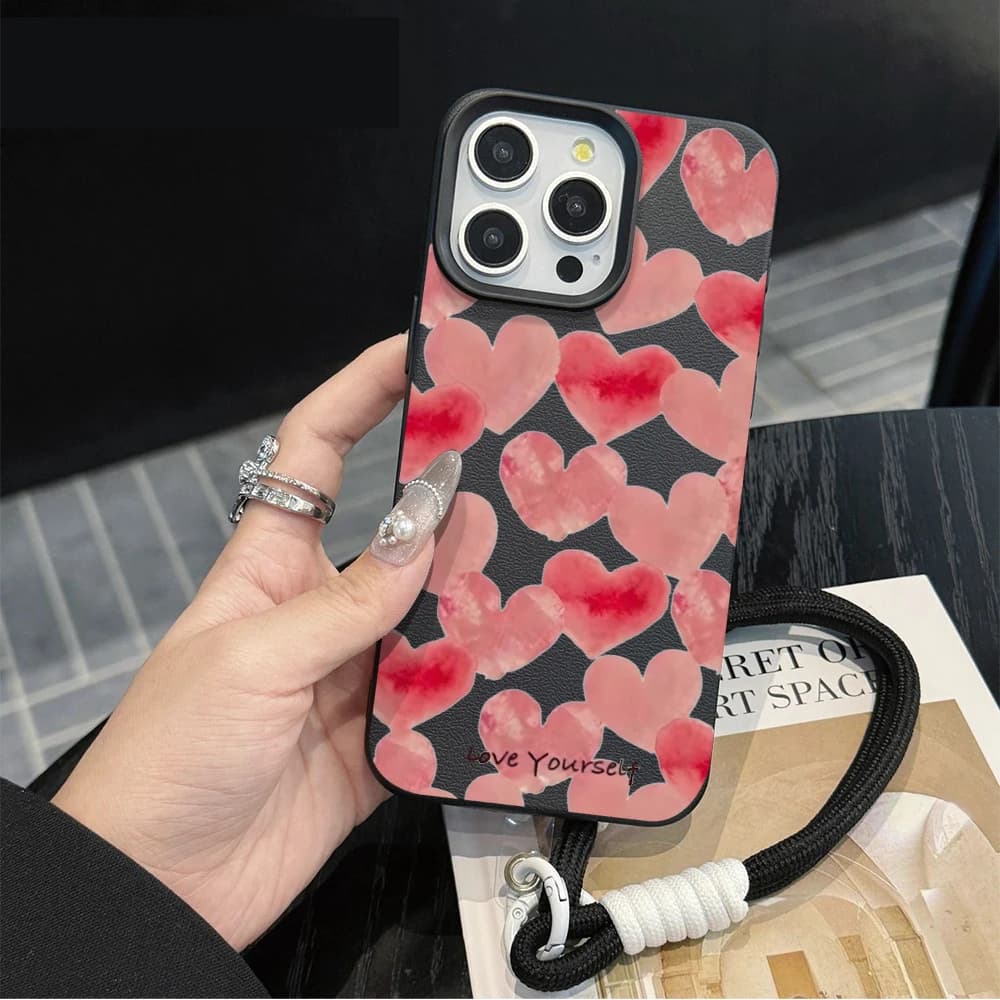 Love Yourself Heart Strap Rope Phone Case For iPhone 17 16 15 14 13 Pro Max 16 15 14 Plus 17 16 Pro 17Air Silicone Matte Cover