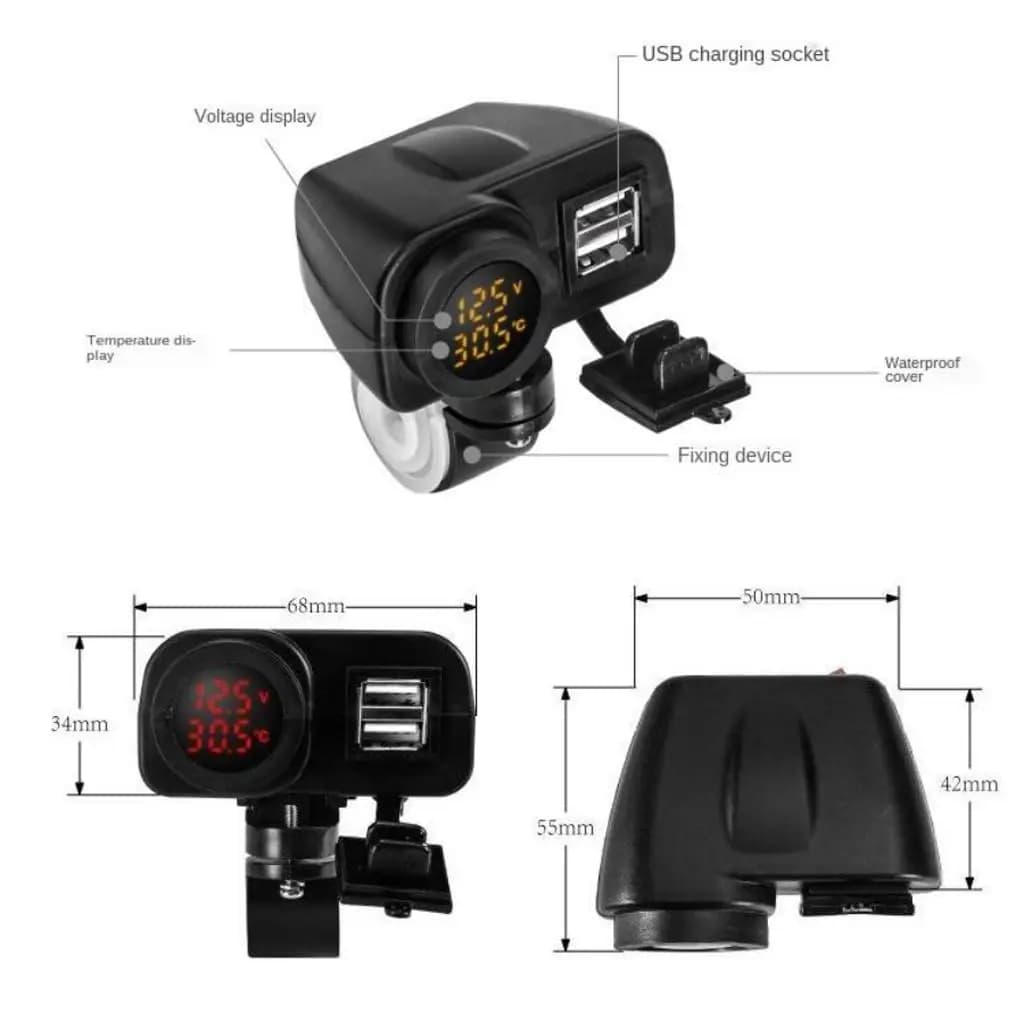 Power socket with Dual USB port and Plastic Voltmeter indicator for Moto, ATV and Scooter