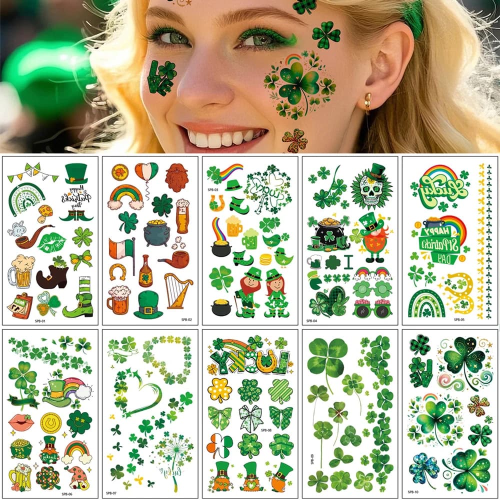 10 Pezzi Tatuaggi Temporanei Impermeabili a Forma di Trifoglio per il Giorno di San Patrizio, Decorazione per il Corpo, Adesivi per Tatuaggi Temporanei Verdi a Forma di Trifoglio per Donne e Uomini