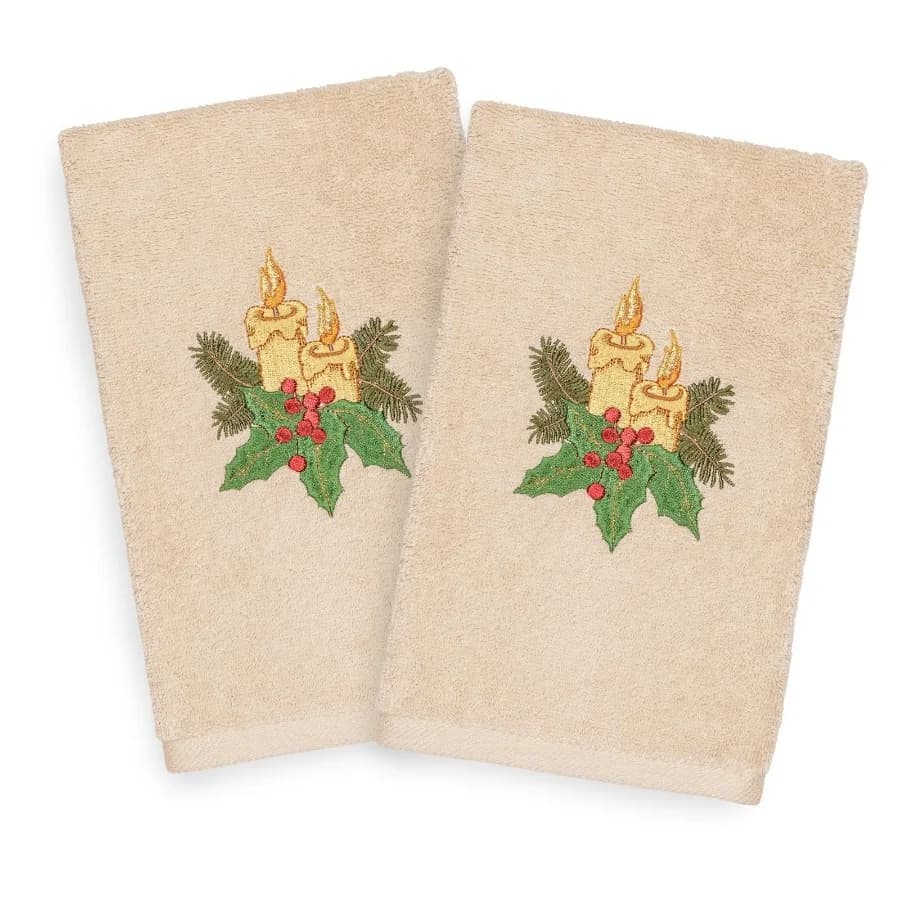 Christmas Candles Embroidered Turkish Cotton Hand Towel - Set of 2