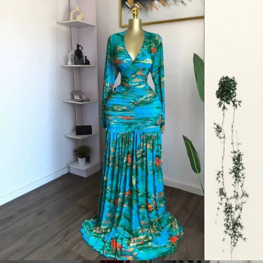 Chic Pleated Print Pendulum Dress Vestidos Women Sheath Bodycon Maxi Dress High Elastic Sweet Long Sleeve Long Dress Y2K
