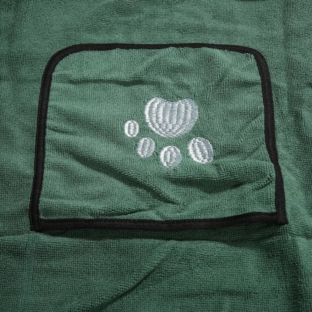 Quick Dry High Absorbent Pet Bath Robe Dark Green Dual Pockets Dog Bath Robe Soft Texture Large Size Pet Towel Pet Grooming