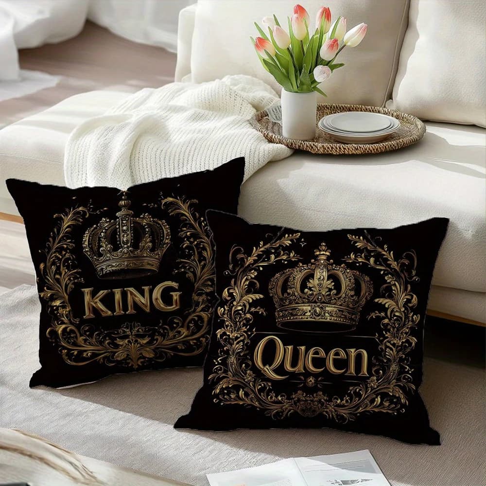 2pcs Luxury King and Queen Crown Throw Pillow Covers Romantic Couple Home Decor Cushion Cases for Bedroom Sofa Living Room