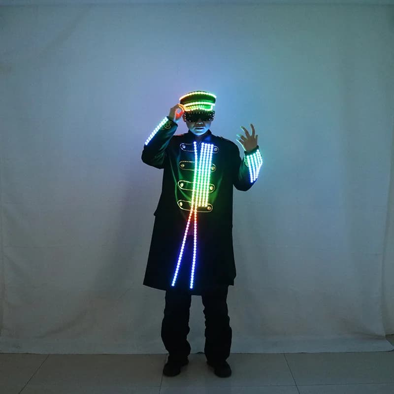 LED Show Costume da uomo Nightclub Bar DJ Ballerino Costumi di performance Illumina giacca lunga Cappello Abiti da atmosfera