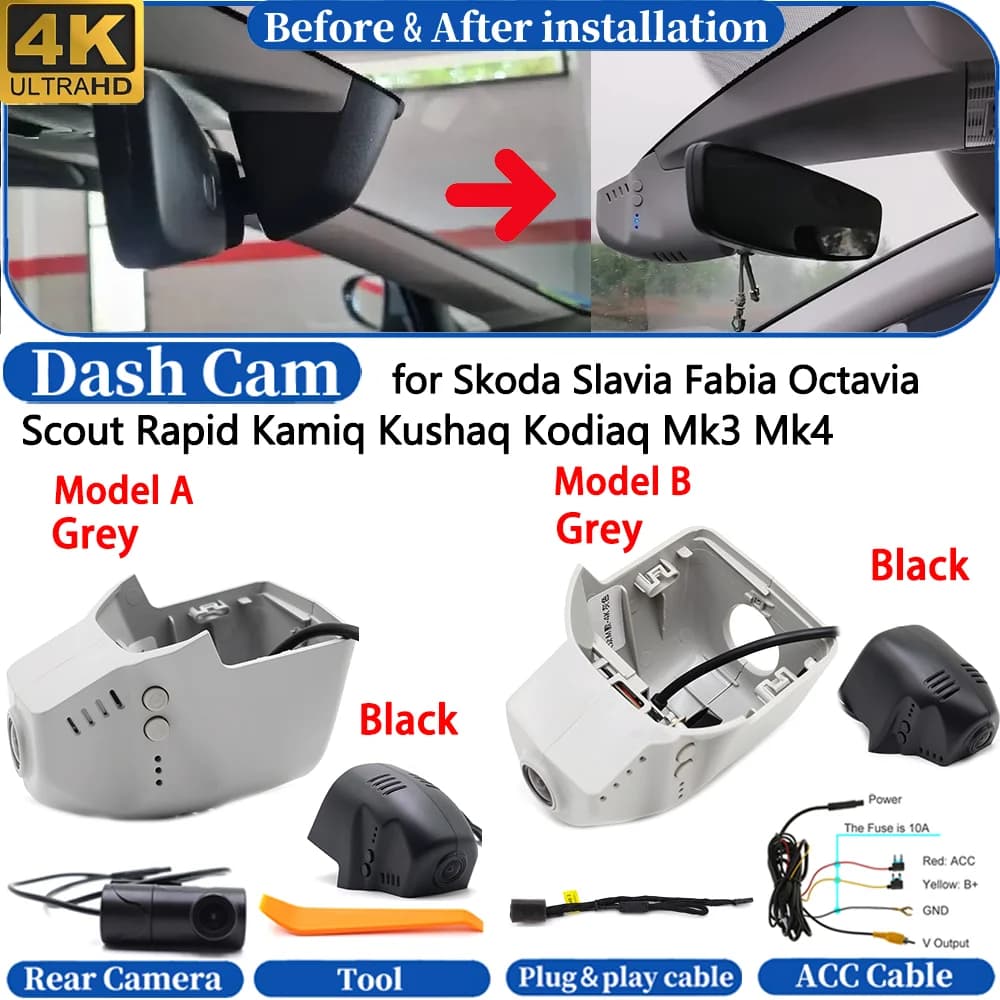 Dash Cam per Skoda Slavia Fabia Octavia Scout Rapid Kamiq Kushaq Kodiaq Mk3 Mk4, Videocamera DVR 4K per Cruscotto, Registratore Video di Guida