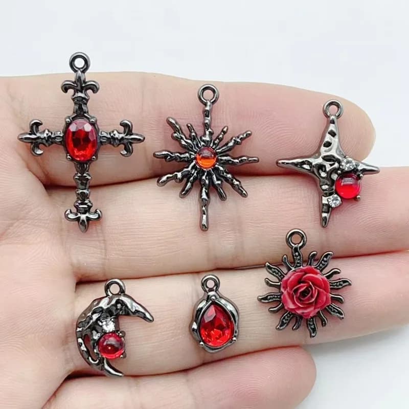 10pcs Dark Gothic style Red Diamond Cross Rose Moon Alloy Pendant DIY Bracelet Necklace Accessories
