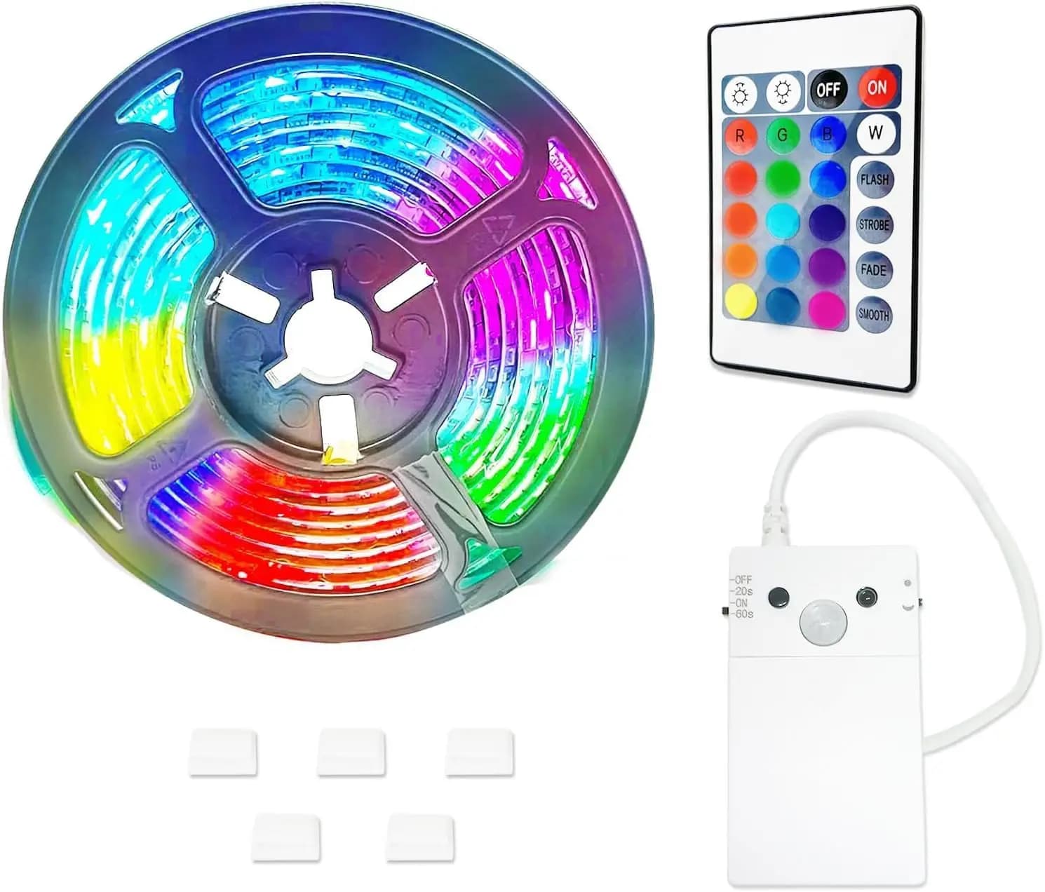 Striscia LED con Sensore di Movimento da 2m, Cambio Colore e Dimmerabile con Telecomando, RGB+Bianco Caldo, Alimentata a Batteria per Camera da Letto, Armadio, Credenza