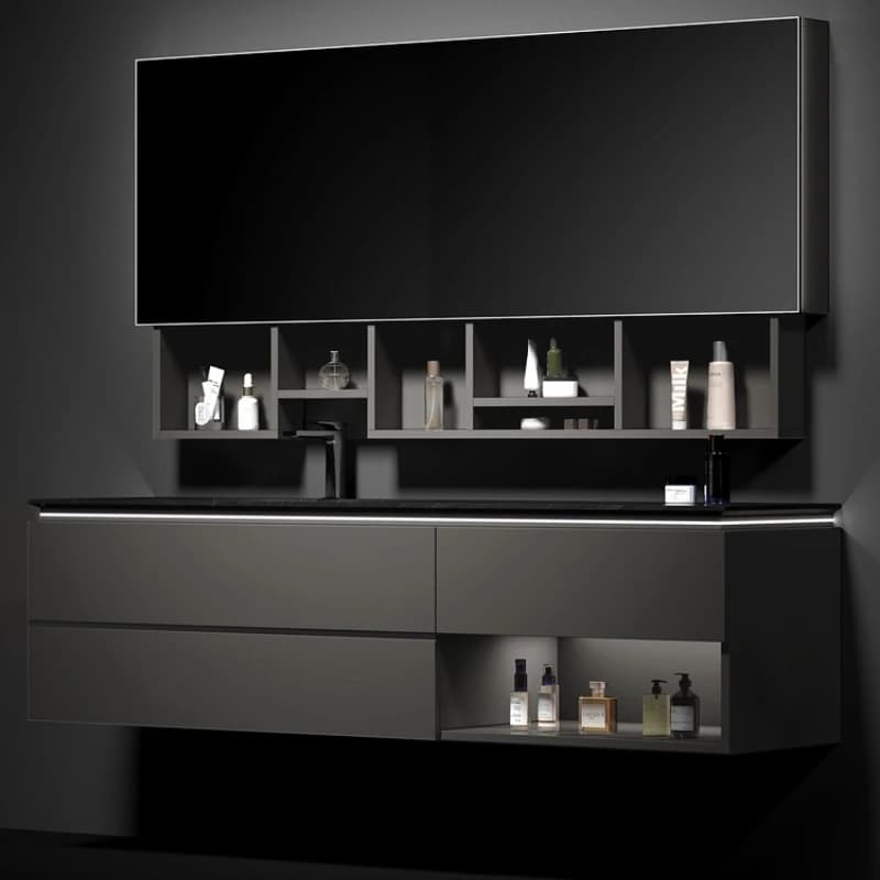 Mobile lavabo intelligente di lusso leggero in legno massello con specchio a sollevamento per bagno